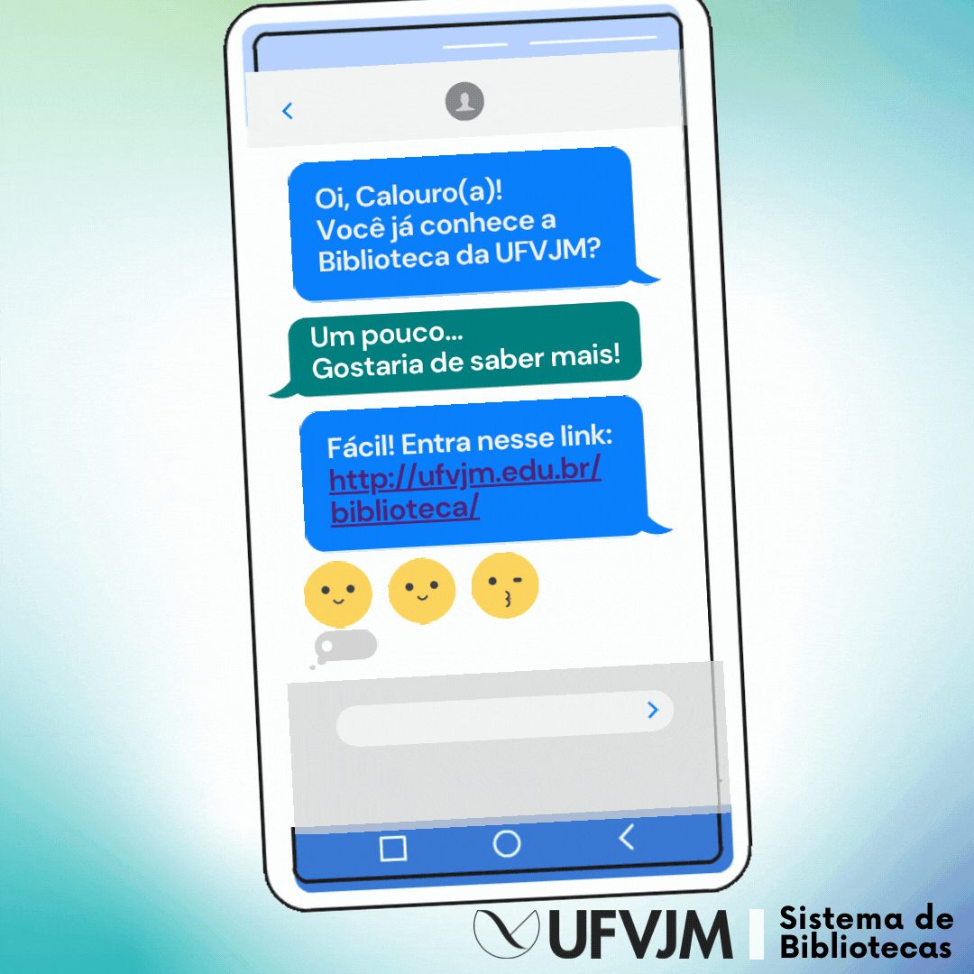 figura de um chat com a conversa entre bibliotecário e estudante, informando sobre o site da biblioteca